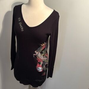 Ed Hardy Black Fitted Graphic Thermal V Neck Mini Dress